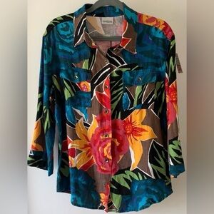🌴Chico's Mariam Tropical Linen Green & Blue Floral, 3/4 sleeves, pockets. 1, M